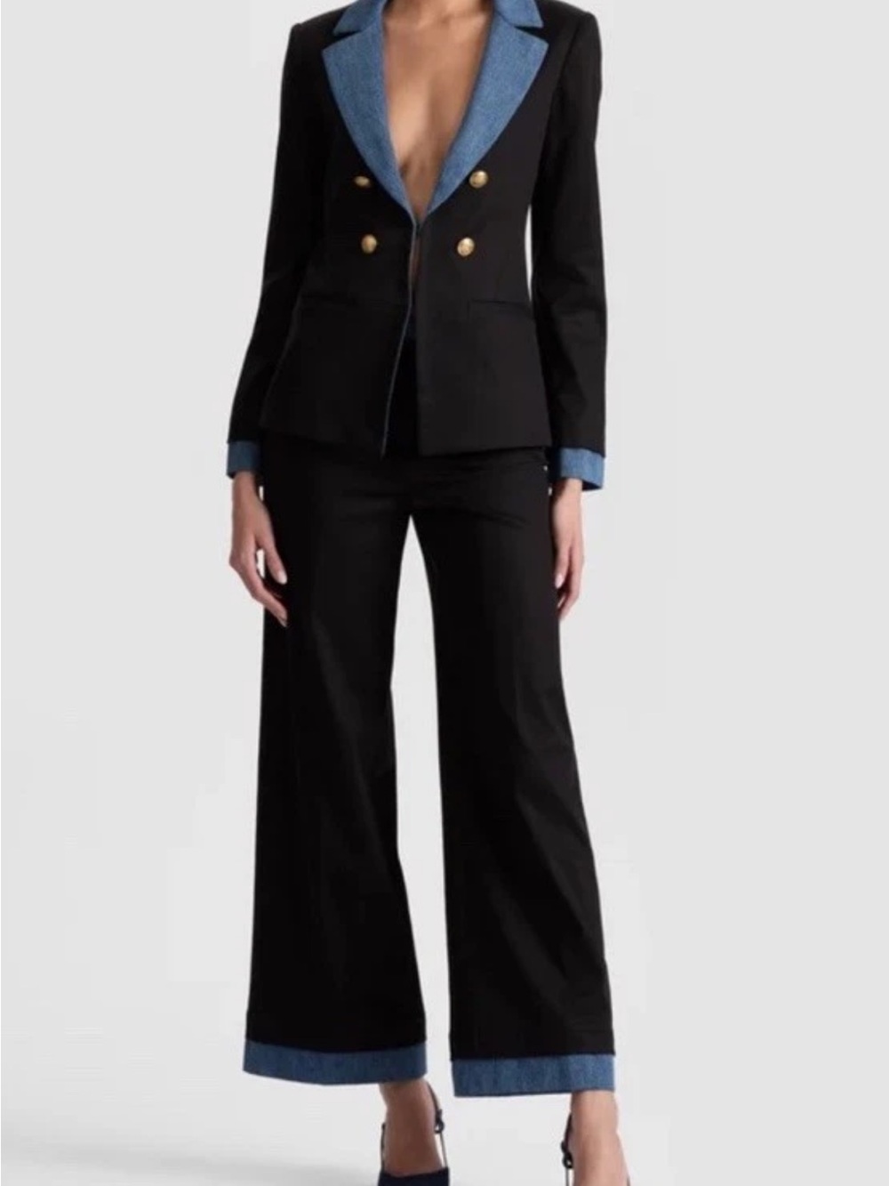 Alice + Olivia Mya Black / Liana Blue Double Breasted Blazer Denim Accents Sz 12